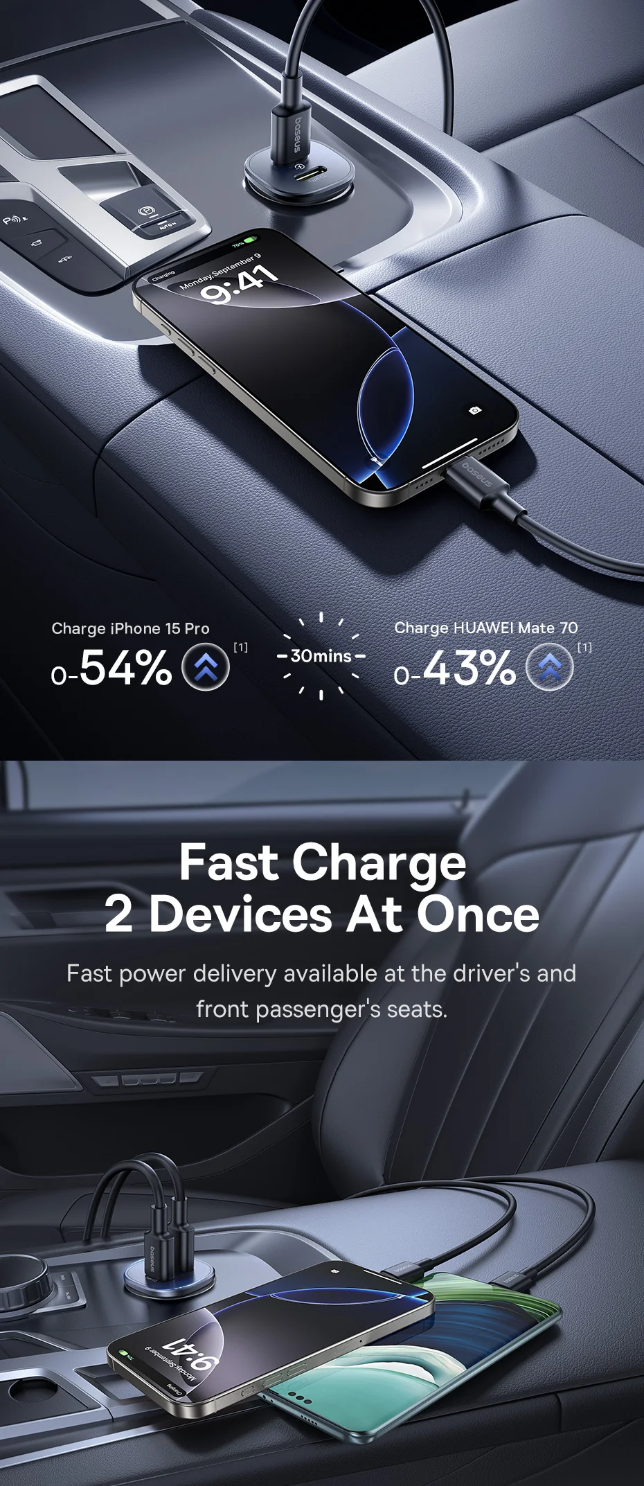 30W USB Car Charger Type C Fast Charging Dual Port Car Phone Charger Adapter Fo