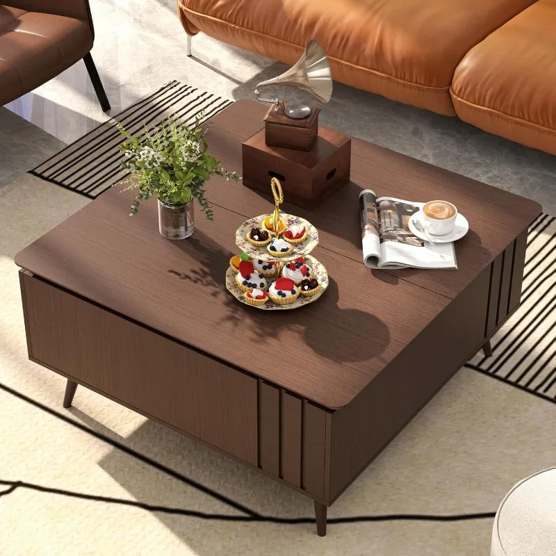 Lift Top Mid Century Modern Square ,Walnut Wood ,Multi-Functional Coffee Table with Storage for Living Room 3