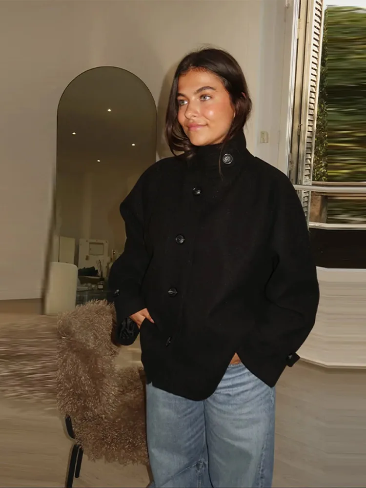 Stehkragen Woolen Mantel Frauen Elegante Langarm Einreiher Lose Frühen Frühling Bomber Mantel Jacken Neue Dame Oberbekleidung – Detail 4
