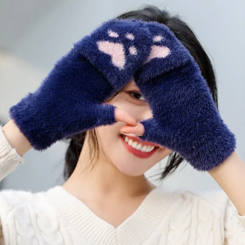 Fingerless Winter Gloves Thicken Women Warm Cat Gloves Fashion Girls Cat Claw Paw Plush Mittens Soft Plush Short Fingerless Half Finger Winter Gloves