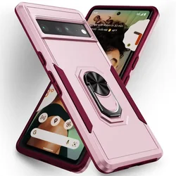 Rugged Military Heavy - Duty Magnetic Ring Stand Phone Case - Shockproof Matte Defender Cover - Google Pixel 8 (Pink Rose Red)