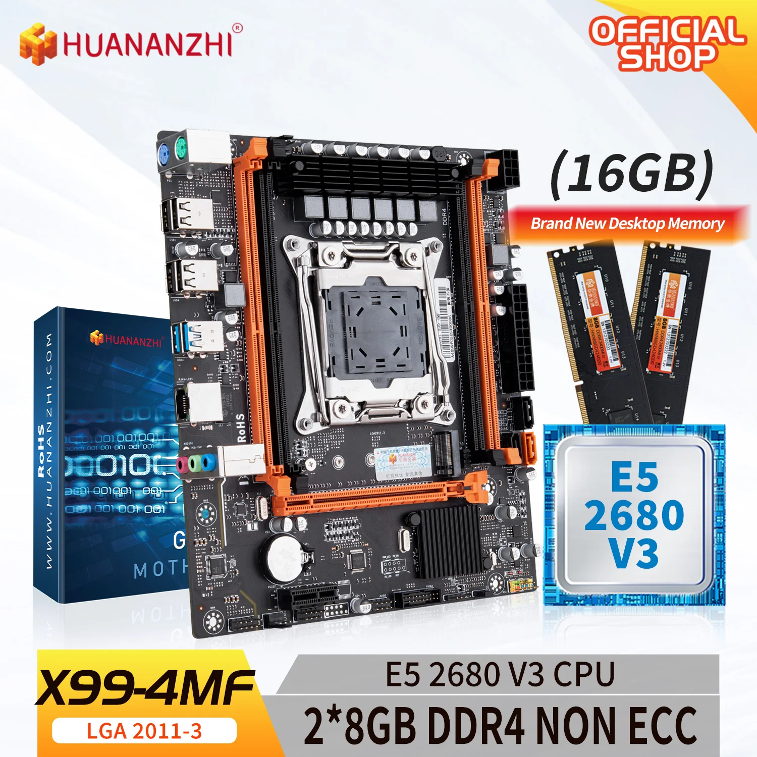 

HUANANZHI X99 4MF LGA 2011-3 XEON X99 Motherboard with Intel E5 2680 v3 with 2*8G DDR4 NON-ECC memory combo kit set M.2 NVME