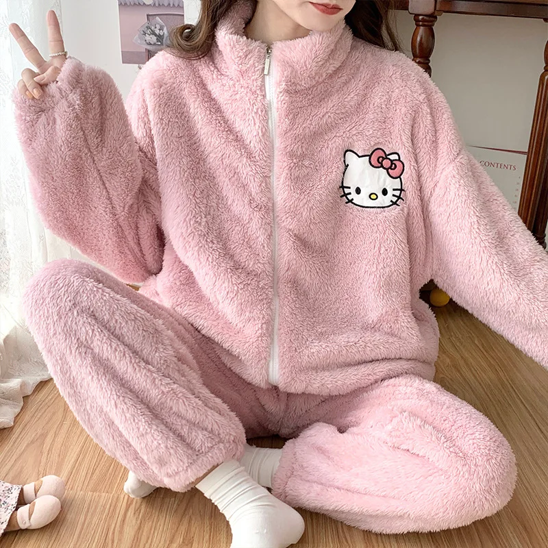 

Kawaii New Pajamas Hellokitty Sanrios Anime Thickened Plush Cozy Soft Loungewear Warm Zipper Cartoon Wearable Set Beauty Gifts