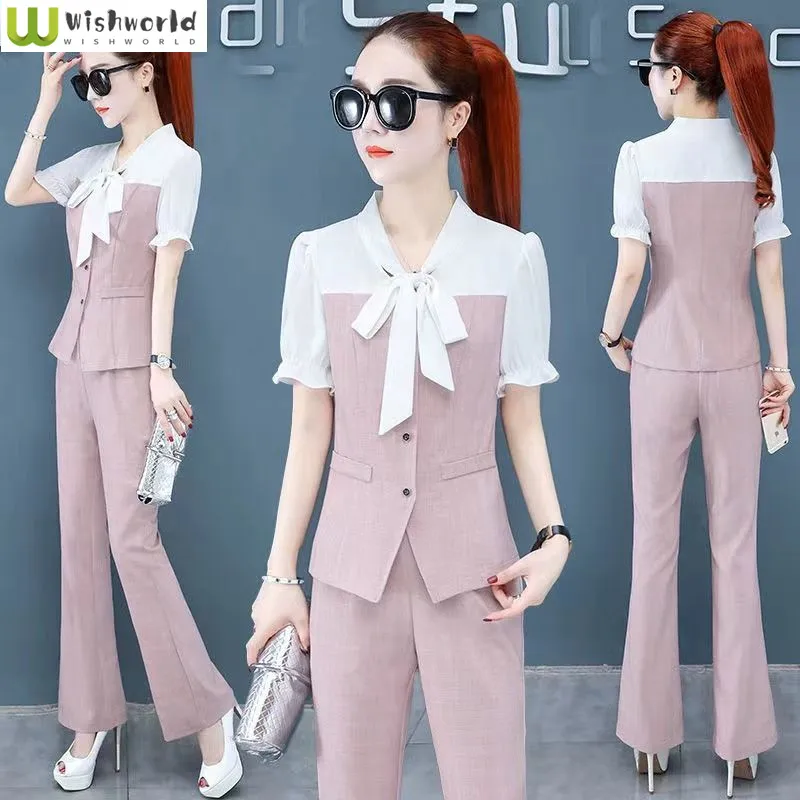 Chiffon Temperament Professional Suit Women's Spring and Summer Korean Fashion Slim Micro Flare Pants Two-piece Suit professional micro steam iron 80ml dry and wet ironing pressing iron stylish mini small electric light weight for travel yt05