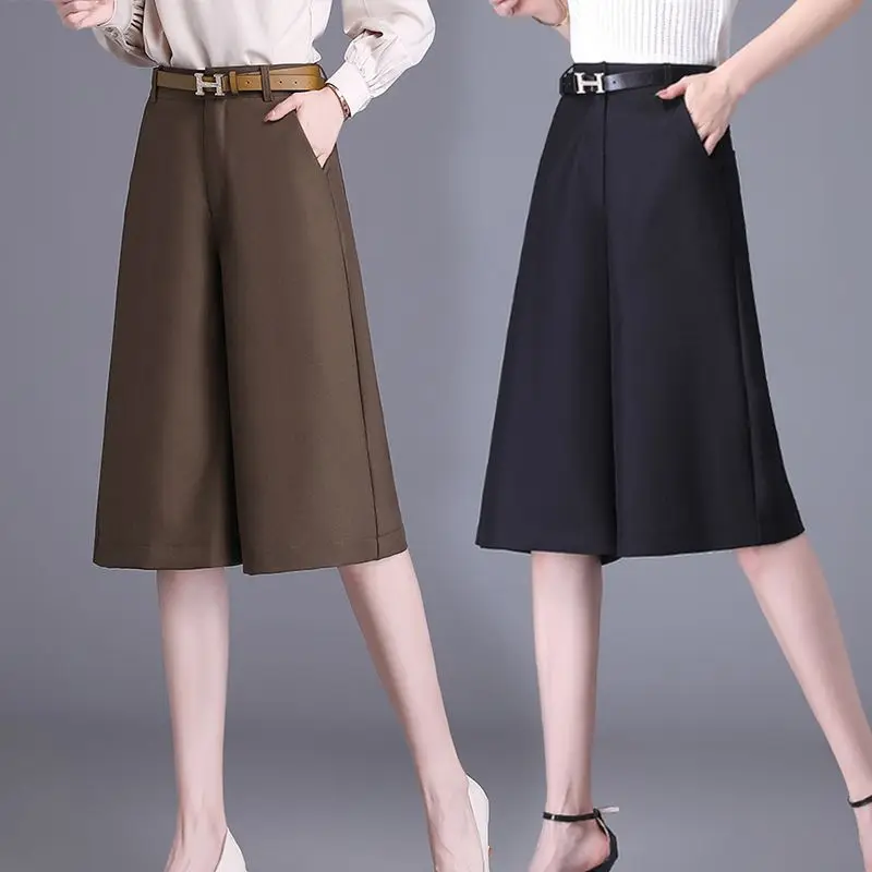 2023 New Women's Clothing Korean Elegant Fashion Casual Zipper Knee Length Solid Color Temperament Button Pockets Wide Leg Pants