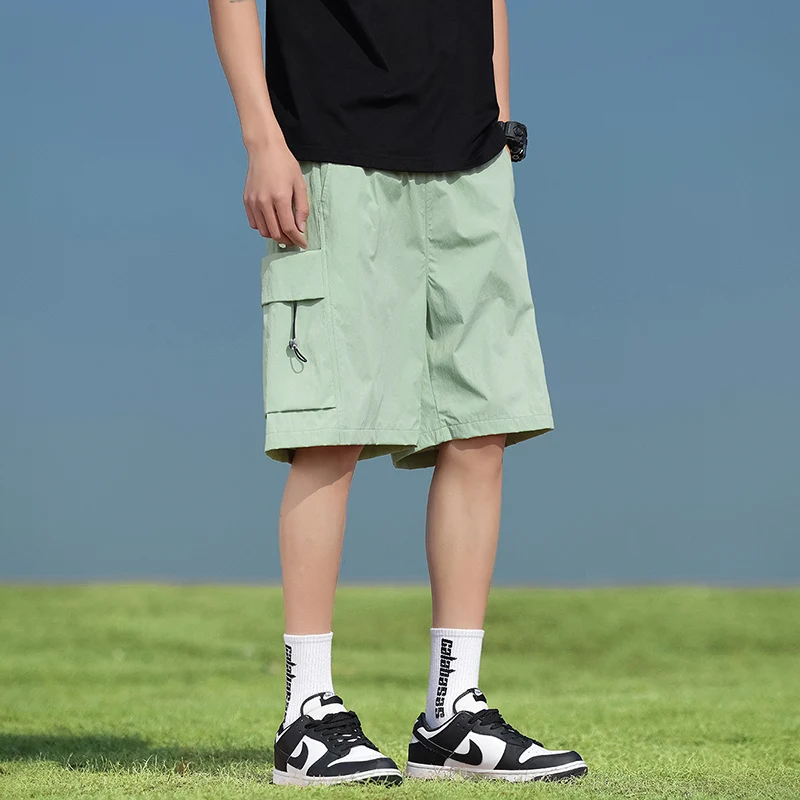 Solid Color Men's Summer Drawstring Pockets Elastic High Waisted Fashionable Clothing Sports Pants Straight Vacation Shorts