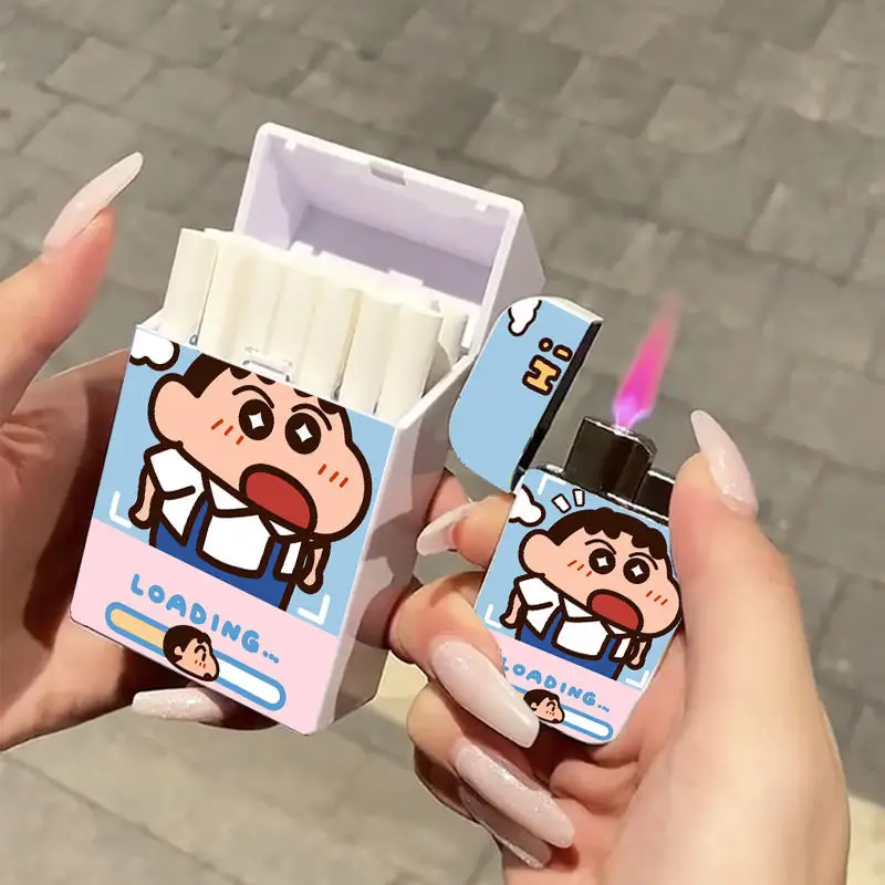 

Cute Cartoon lighter cigarette box combination Windproof Pink flame Cigar Lighter Refillable Portable Fuel lighter Men Gift