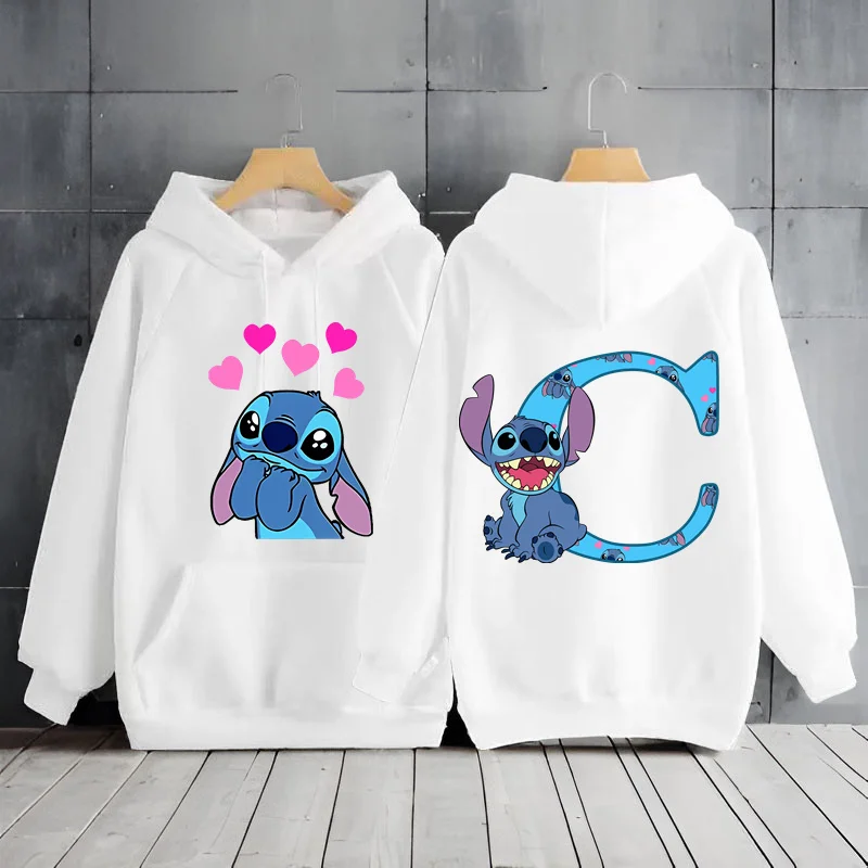 2024 Women's Winter Jacket Cute Kawaii Disney Lilo & Stitch Lucky Letter Print White Hoodie Fashion Couple Streetwear Sportswear 4