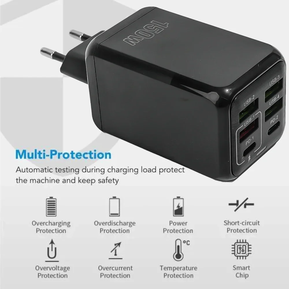 150W Super Quick Charging Multi Ports Smartphone Charger Head 4 USB A 2 PD Wall Charger Adapter for IPhone 15 14 Samsung Xiaomi 9 Sfa27d7f560ac472ea6e690e1a1541ee34