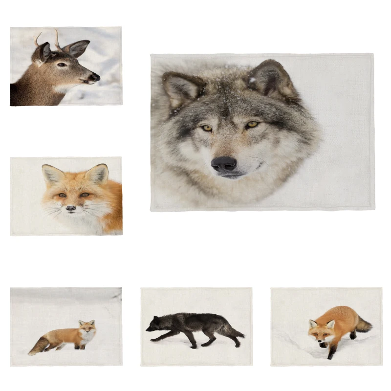 

Beautiful Animal Fox Wolf Placemat Kitchen Restaurant Children Polyester Linen Can Be Customized Napkin Cloth Coasters 32*45cm