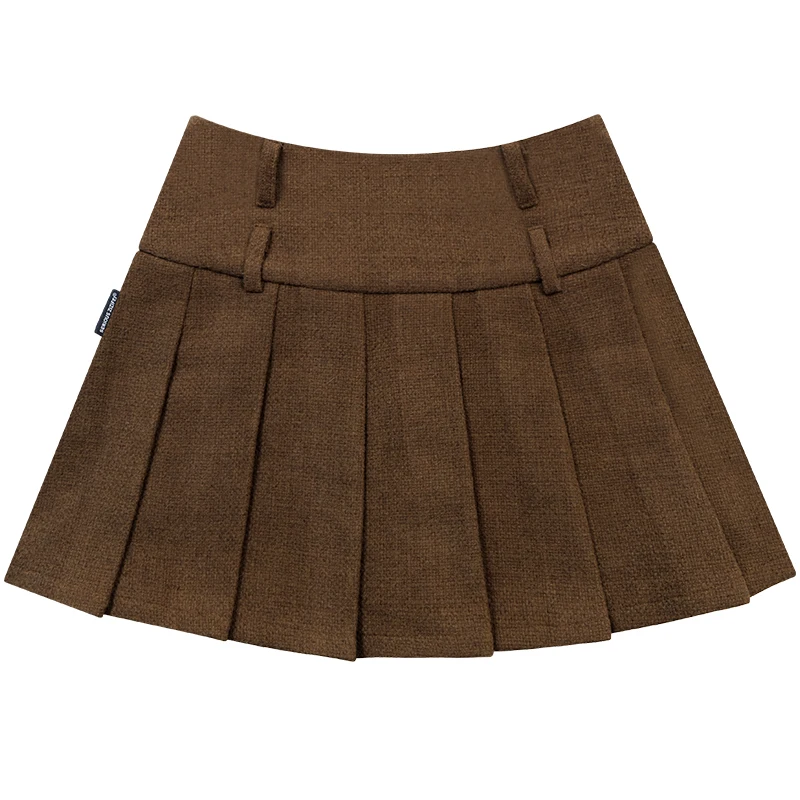 2023 Autumn and Winter American Style High Waist Slimming Brown Woolen A- Line Skirt Fashion Women's Pleated Short Skirts