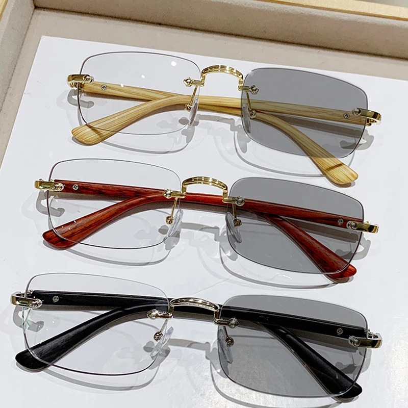 Elegant Rimless Photochromic Reading Glasses - Unisex Wood Grain Anti Blue Light Eyewear