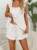 Women's Summer Lounge Set Ruffle Off-Shoulder Crop Top Elastic Waist Shorts Pajama Set with Bow Detail 1