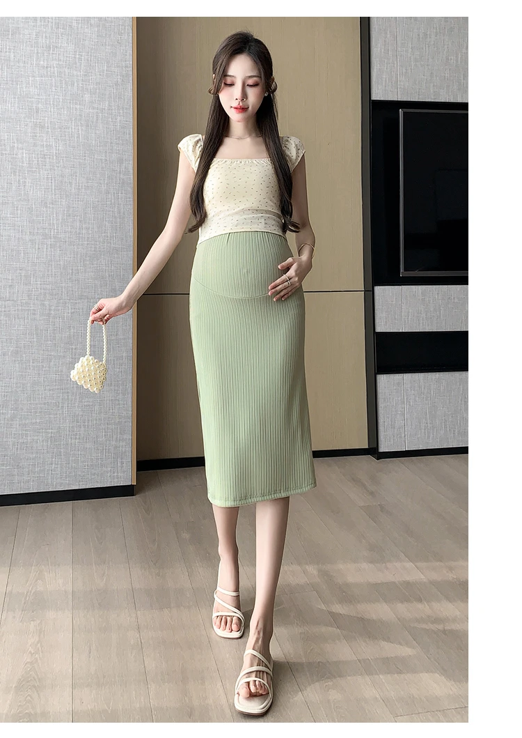 Summer Maternity Belly Skirt Adjustable Waist Pregnant Woman Ice Silk Long Skirts Slim Hips Stretched Striped Pencil Skirts