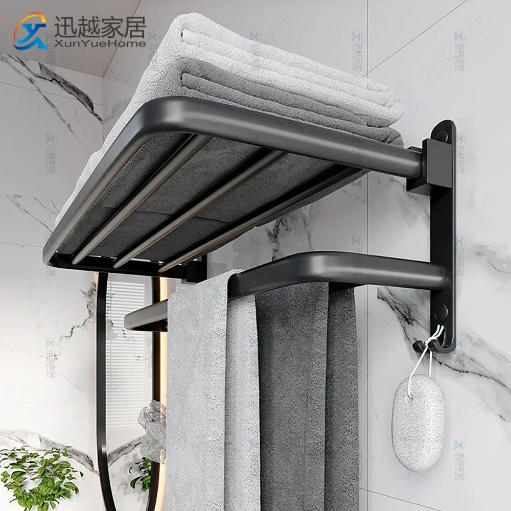 Towel Rack 40-60 CM Folding Holder With Hook Bathroom Accessories Wall Mount Rail Shower Hanger Aluminum Bar Matte Black Shelf