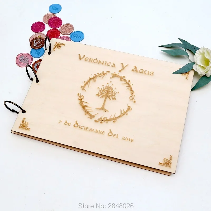 Rustic personalized wedding guest book,Lord of rings wooden Wedding guestbook, personalized elegant photo album