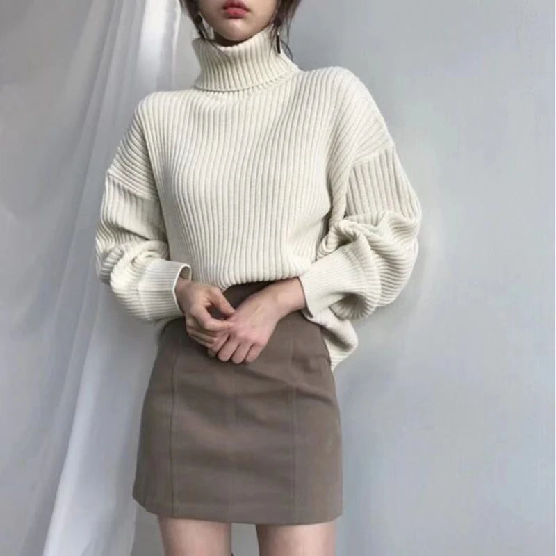 Simple Turtleneck Sweaters Women Lazy Wind Loose Long Sleeve Office Lady Knitted Pullovers Solid Vintage Autumn Tops