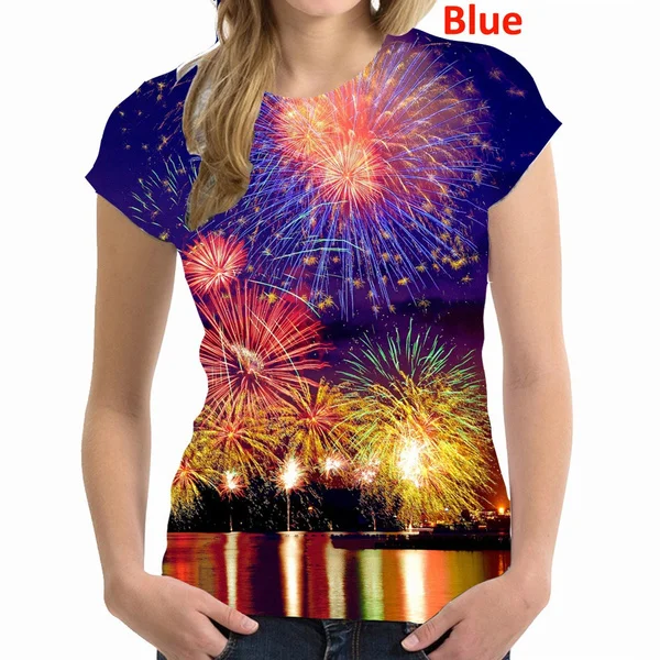 

Women's Fashion Fireworks Casual Short Sleeved Shirts O-neck Ladies Blouses Printed Loose T-shirts