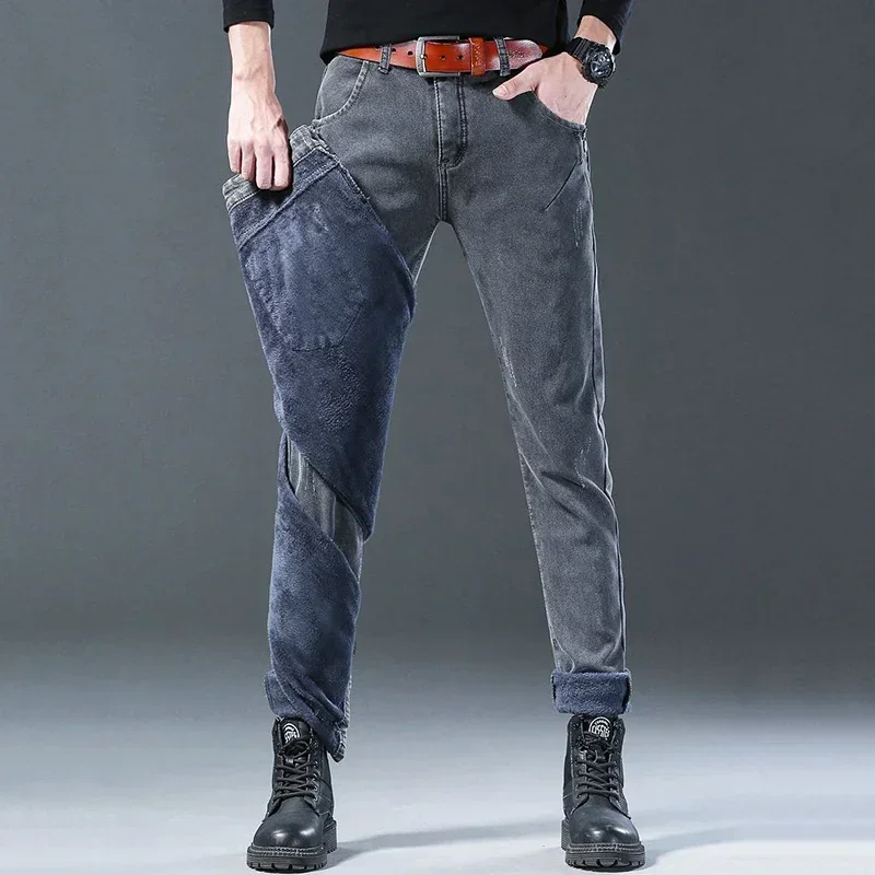 Men Classic Slim Fit Streetwear Jeans Winter Thermal Fashion Narrow Leg Denim Trousers Snow Warm Plush Gray Casual Pants Male 5