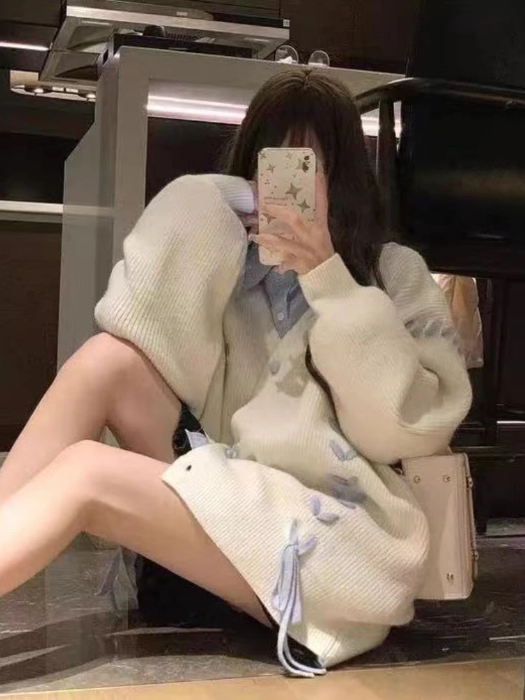 여성용 프레피 브이넥 가디건 스웨터, 귀여운 레이스업, 카와이 여학생 긴팔 니트웨어 코트, 한국 버전, 가을