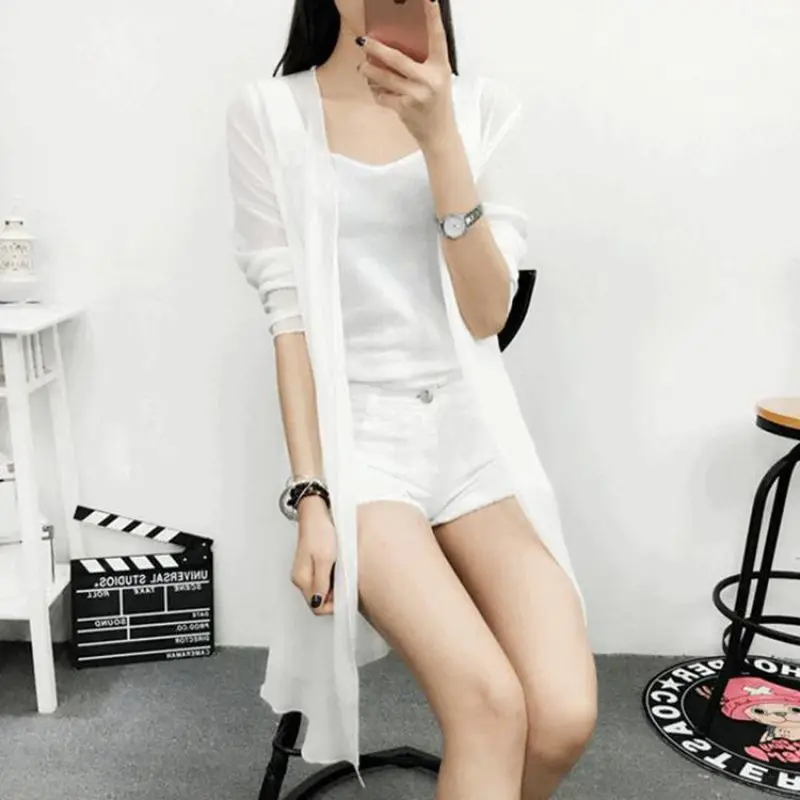 Women Summer Fashionable Loose Beach Solid Color Chiffon Cardigan Long Sleeve Shirts Ladies Casual Sunscreen All-match Top Tee