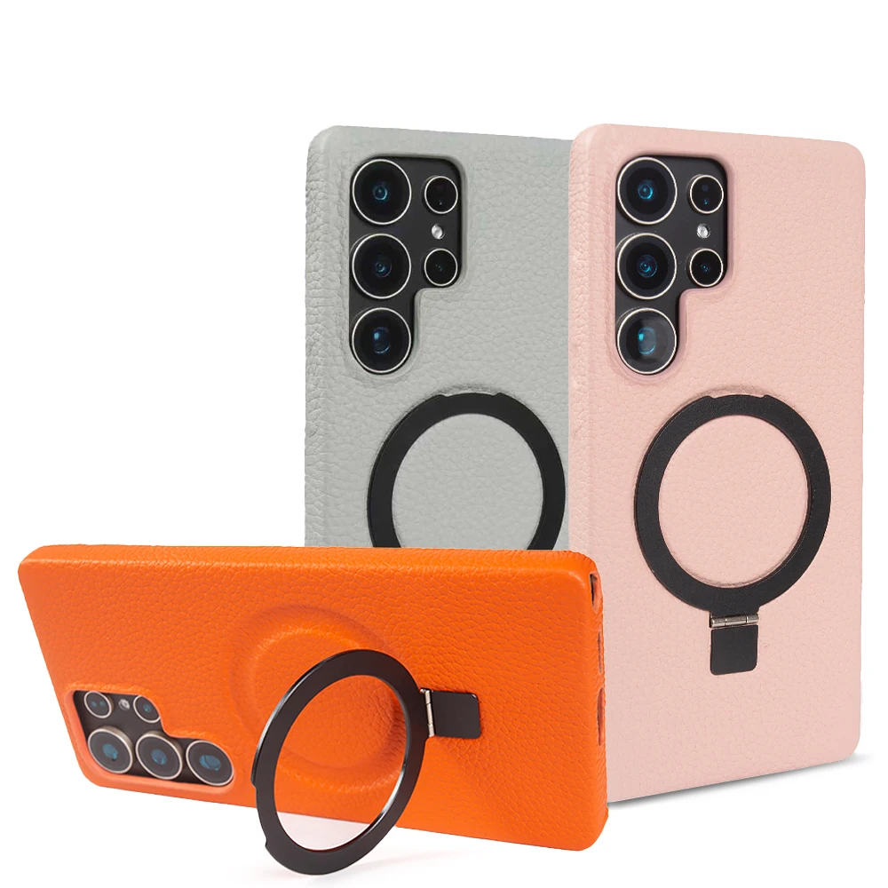 Genuine Leather Magnetic Ring Stand Phone Case with Back Cover