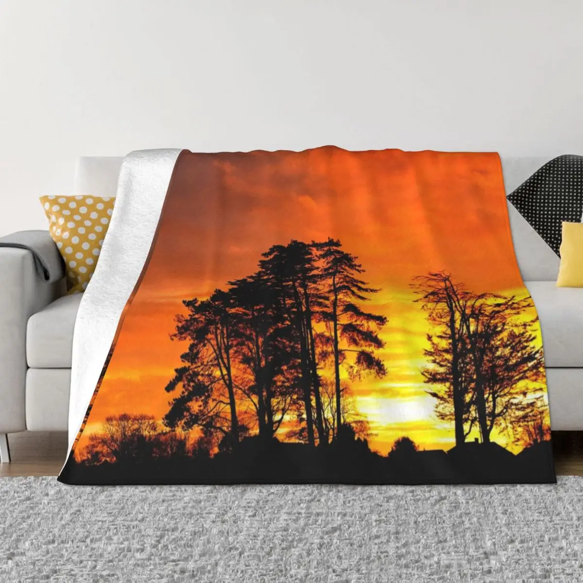 

Orange Sunset Pines Throw Blanket Summer Multi-Purpose Plush Warm Blankets