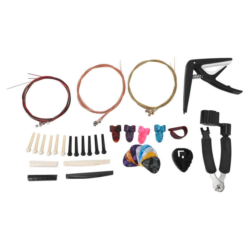 

34 PCS Guitar Accessories Kit Including Guitar Picks,Capo,Acoustic Guitar Strings,3 In 1String Winder,Bridge Pins,6 String Bone