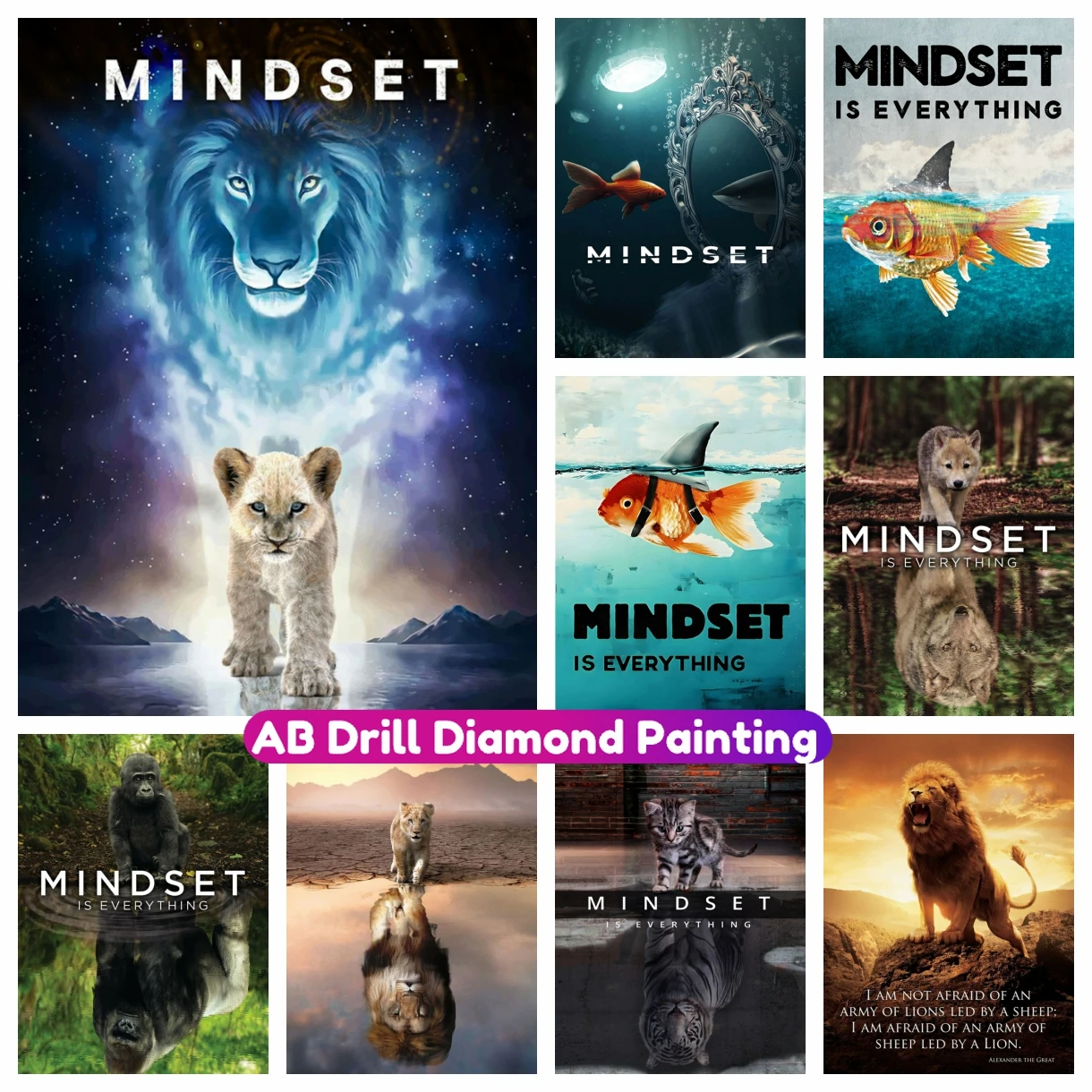 Mindset is Everything Animals Mirroring AB Diamond Painting Lion Cross
