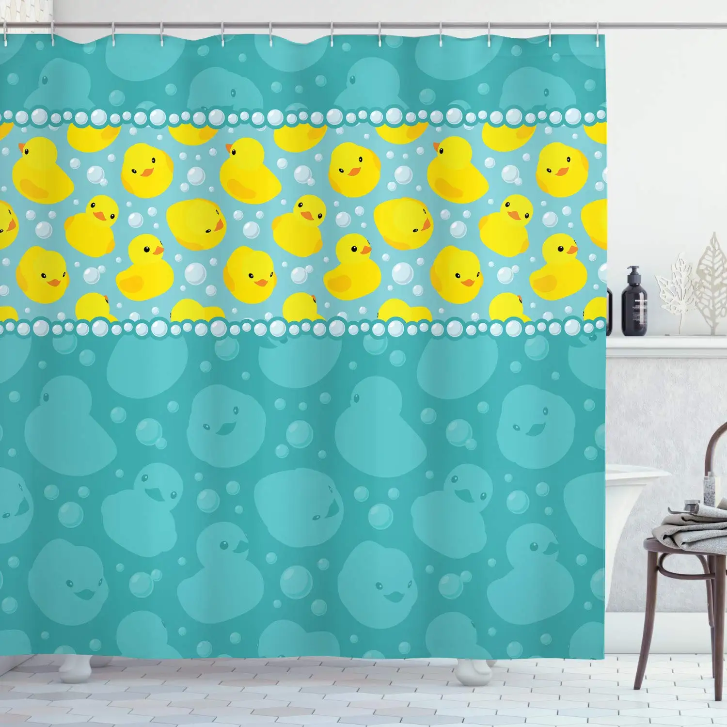 Shower Curtain Duck Cartoon Character Bath Drops Dots Cloth Fabric with Hooks