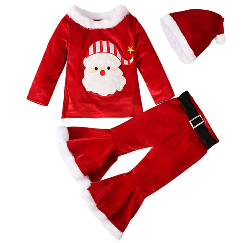 

3Piece Fall Winter Baby Clothes Set Fleece Cartoon Cute T-shirt+Flare Pants+Hat Toddler Girl Boutique Christmas Outfit BC2239-1