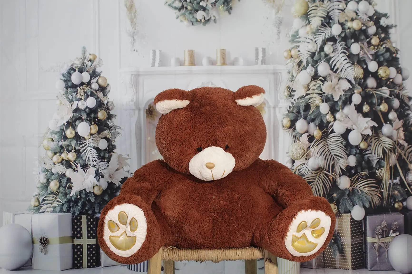 Christmas Party Photo Backdrop Xmas Tree Gift Fireplace Window Wood Door Snowman
