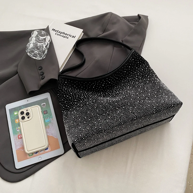 New Fashion Retro Design Tote Bag Shiny Rhinestone Shoulder Handbag Women Elegant Casual Large Capacity Underarm Purse