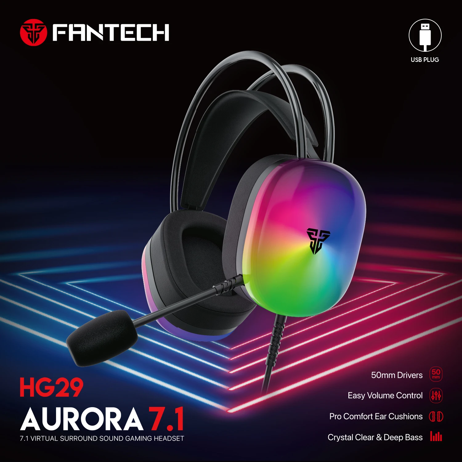 FANTECH AURORA HG29 Kabelgebundenes Headset mit 7.1 virtuellem Surround-Sound, Soft-RGB-Beleuchtung, 50-mm-Treibern, Mikrofon für PC_voghion.com