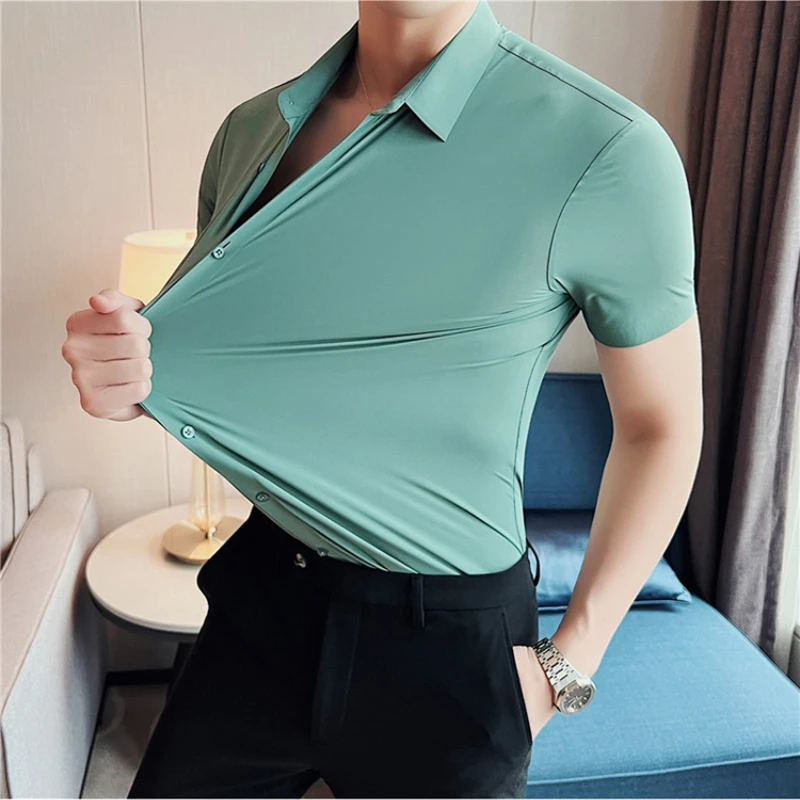 

Summer High Stretch Traceless Silky Solid Color Short-sleeved Shirts Men Slim Business Casual Seamless Draping Shirt Streetwear