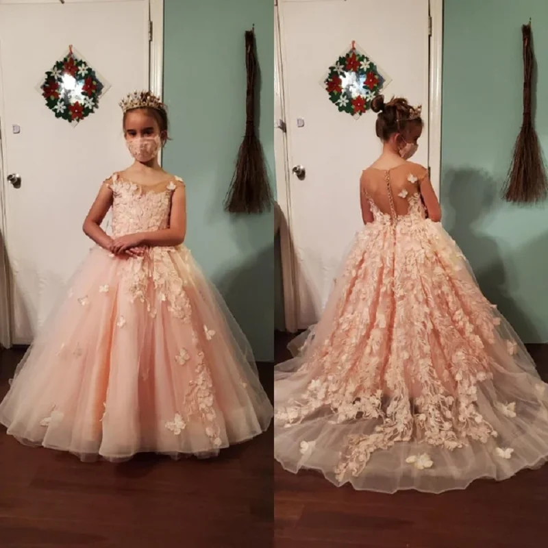 Babyonline Flower Girl Dresses for Wedding Blush Pink Floral Tulle Long Kids Bridesmaid Ball Gowns Princess Even Wed Party