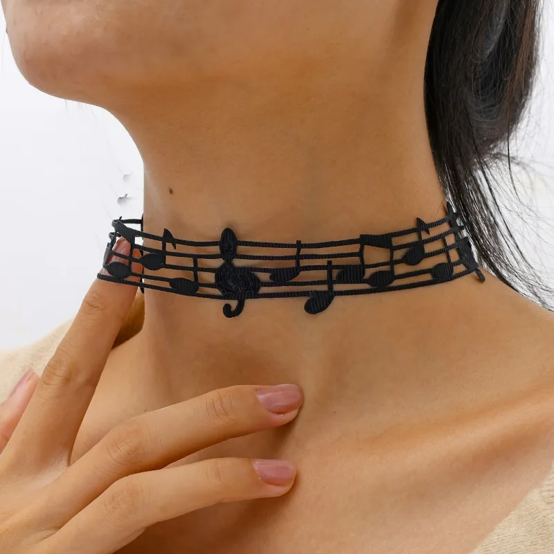 Multifuntional Black Choker with Musical Note Stylish for Women Girls Y2K Ribbon Necklace Lolita Gothic Jewlery Accessories