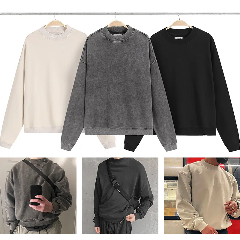 

Khaki Black High Street Vintage Washed Round Neck Hoodies Men Women Blank Distressed Oversized Casual Loose Sweatshirts Hooded