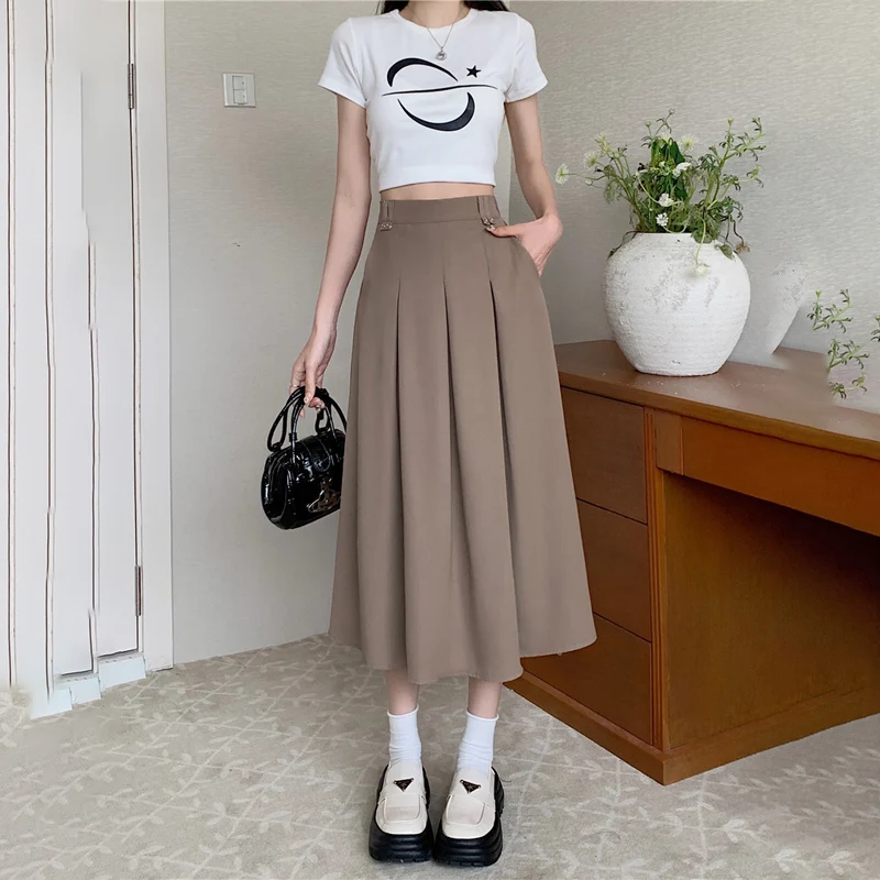 

TFETTERS Brand Fashion Women Skirts 2023 Summer Casual Pleated A-line Half Length Skirt for Women High Waist Slim Umbrella Skirt