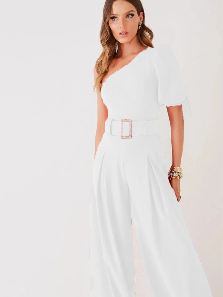 Customized High Quality Autumn Casual Jumpsuit One Shoulder Slash Neck Romper Full Length Jumpsuit Wide Legs With Belt