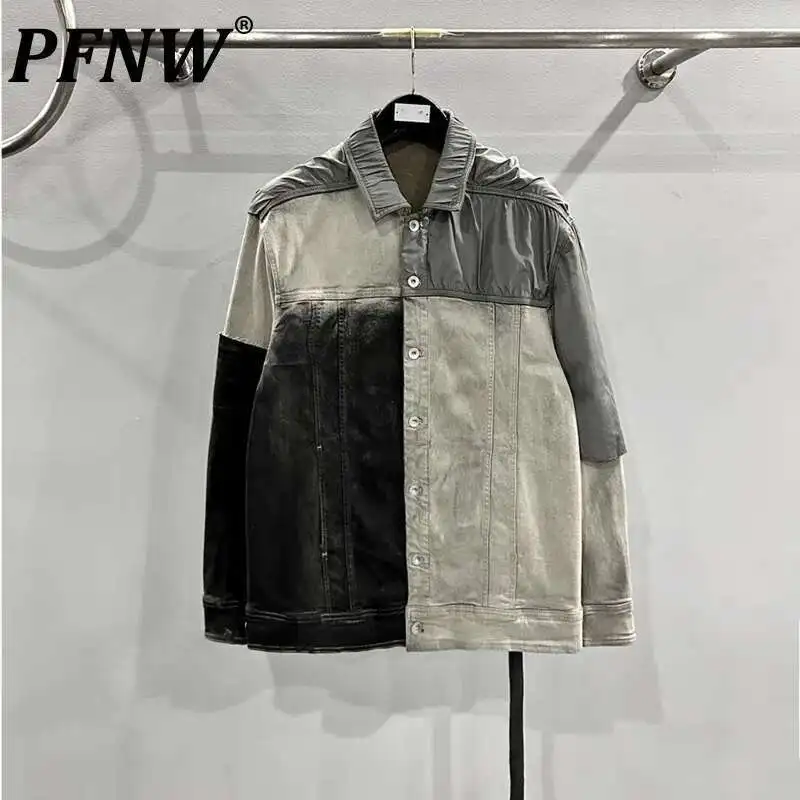 PFNW High Quality Colorblock Raw Edge Splipced Design Denim Jackets Men's Spring 2025 New Washed Loose Casual Coat Top 28W6034 1