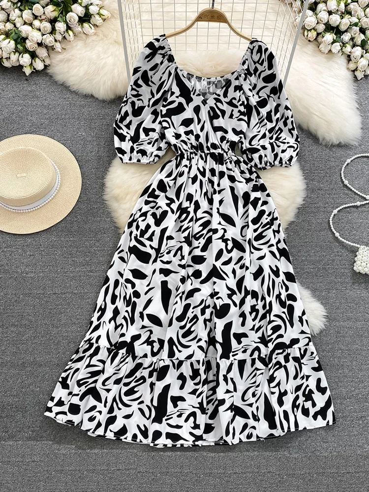 

Summer Women's Temperament Bubble Short Sleeved V-neck Waist Cinching Dress Medium Length A-line Printed Ruffle Edge Dress A61