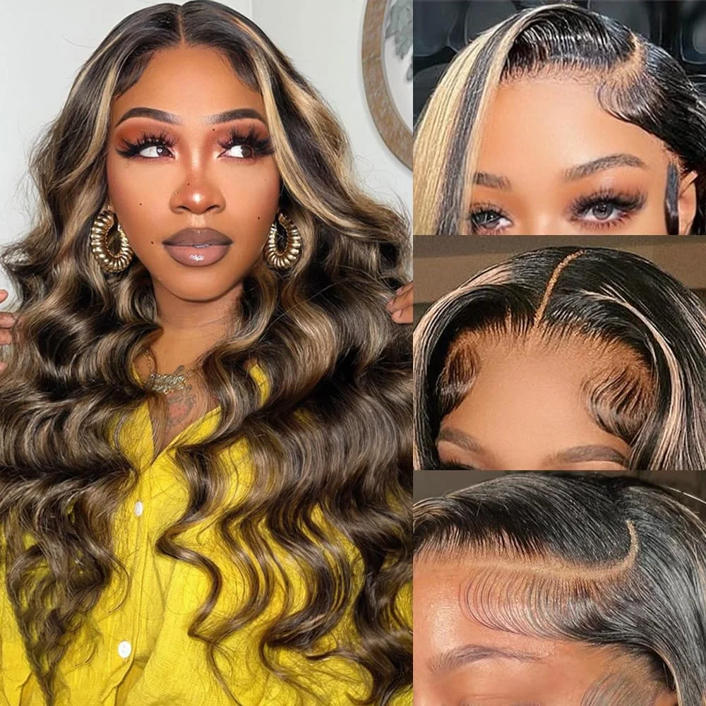Highlight Lace Front Wig Human Hair 13x4Wear And Go Glueless Wig 12A Hair 250Density Body Wave Hair Balayage HD Lace Frontal Wig