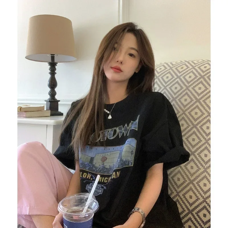 여성용 아메리칸 빈티지 반팔 티셔츠, 라운드넥 반팔 상의, 루즈한 캐주얼 슬레, 여름 신상
