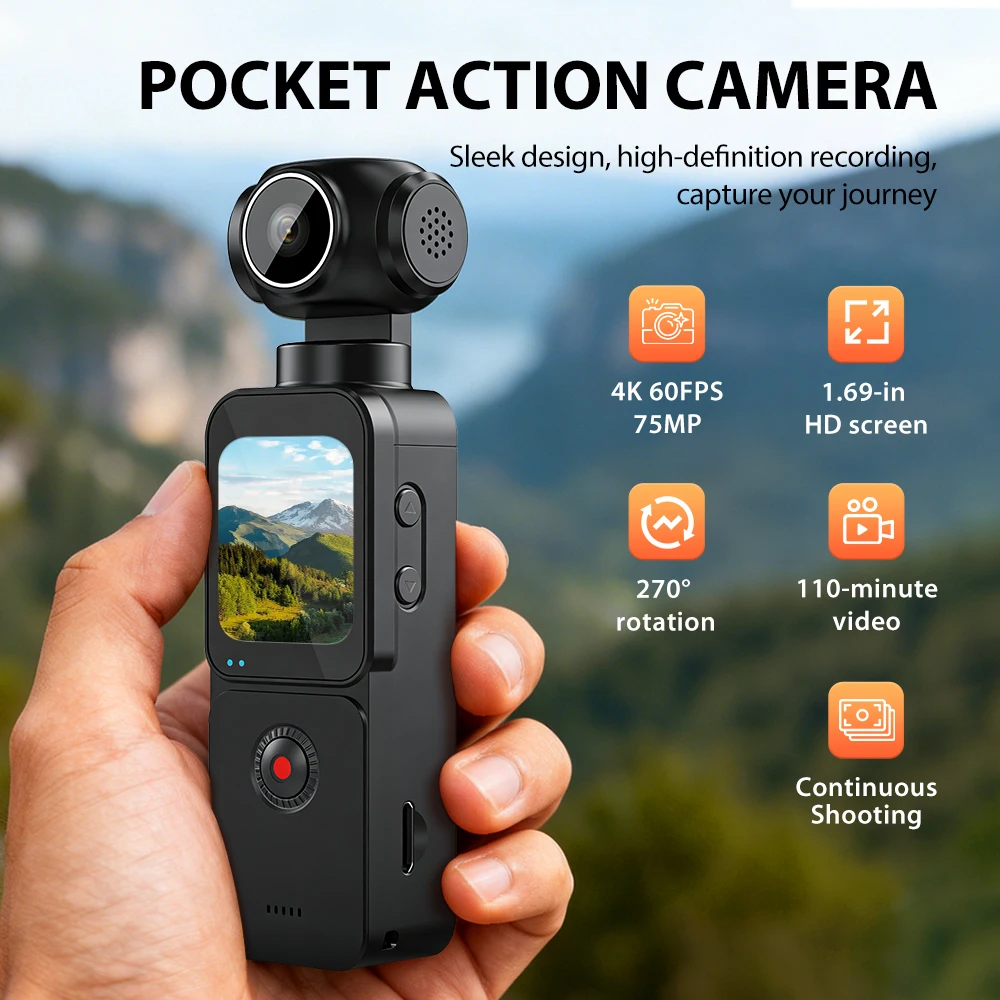 Caméra Action 4K 60FPS 75MP avec Rotation Électrique et Écran 1.69"