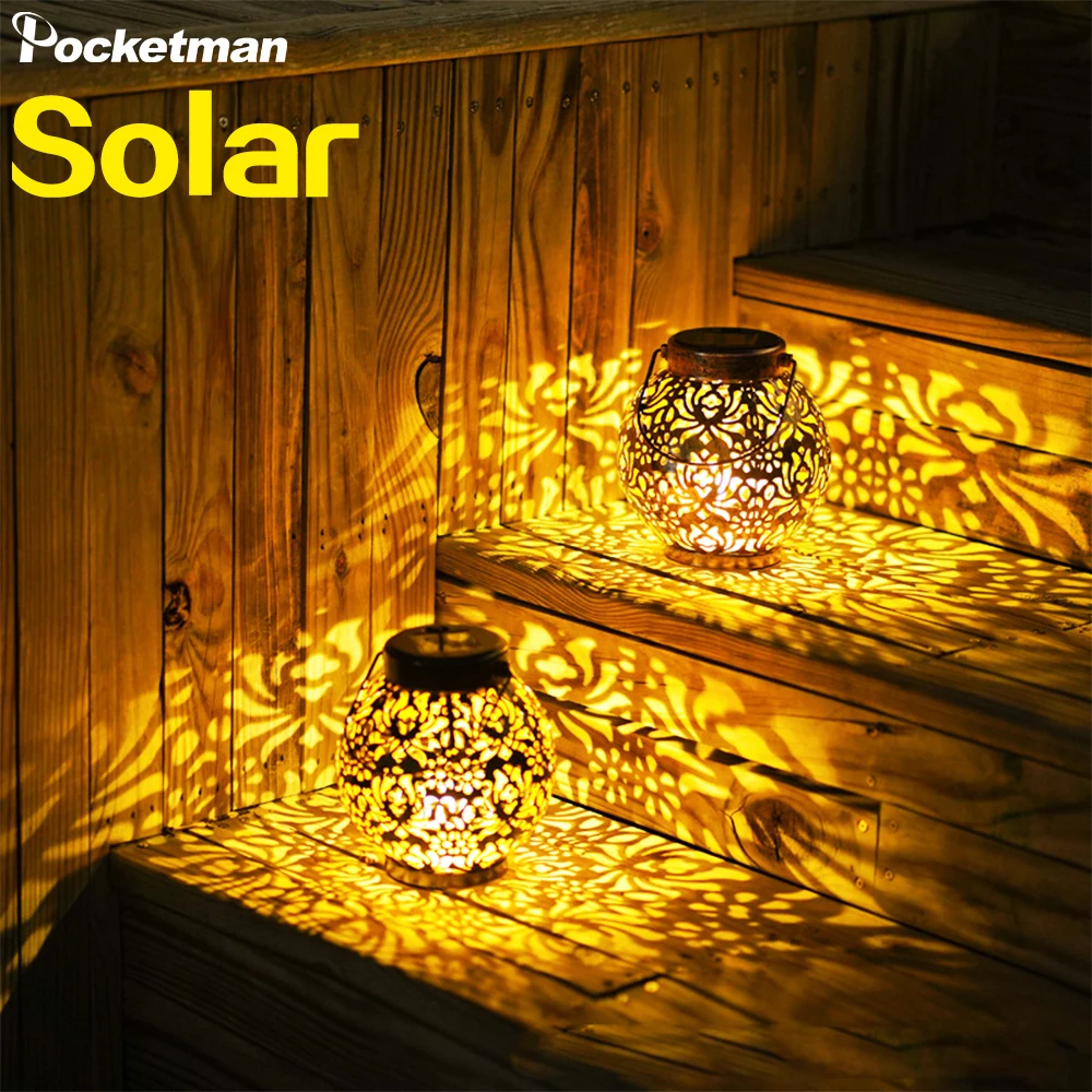 

Retro Garden Metal Hollow-out Solar Lanterns Outdoor Waterproof Metal Iron Art Hanging Solar Projection Lights for Yard Decor