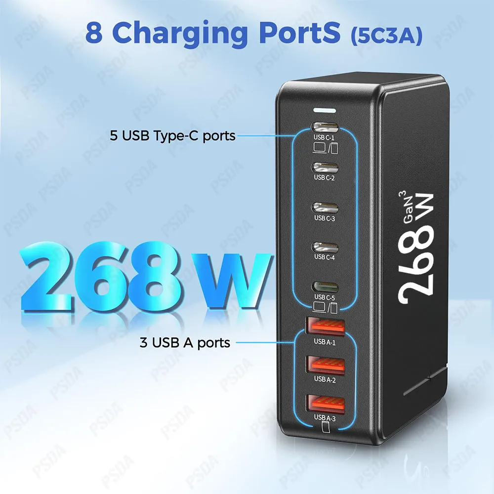 PSDA 3D 268W GaN Charging Station 8-port USB Type C PD Charger Desktop Base Fast Charging