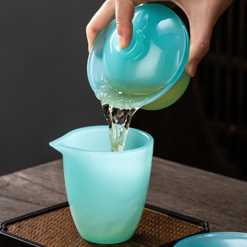 Tianqing Sky Blue Jade Porcelain Sancai Gaiwan Large Tea Bowl Chinese Kungfu Tea Set Glass Tureen Premium Set