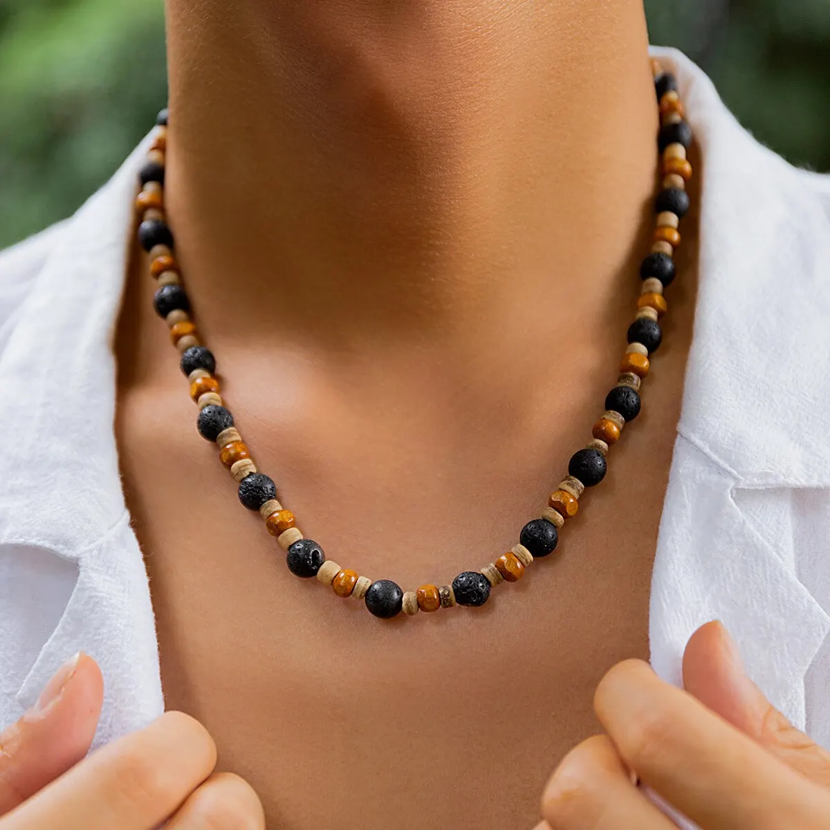 Retro Boho Wood Bead Stone Chain Necklace for Men Punk Simple Short Clavicle Choker Y2K Accessories Fashion Jewelry Gift Party