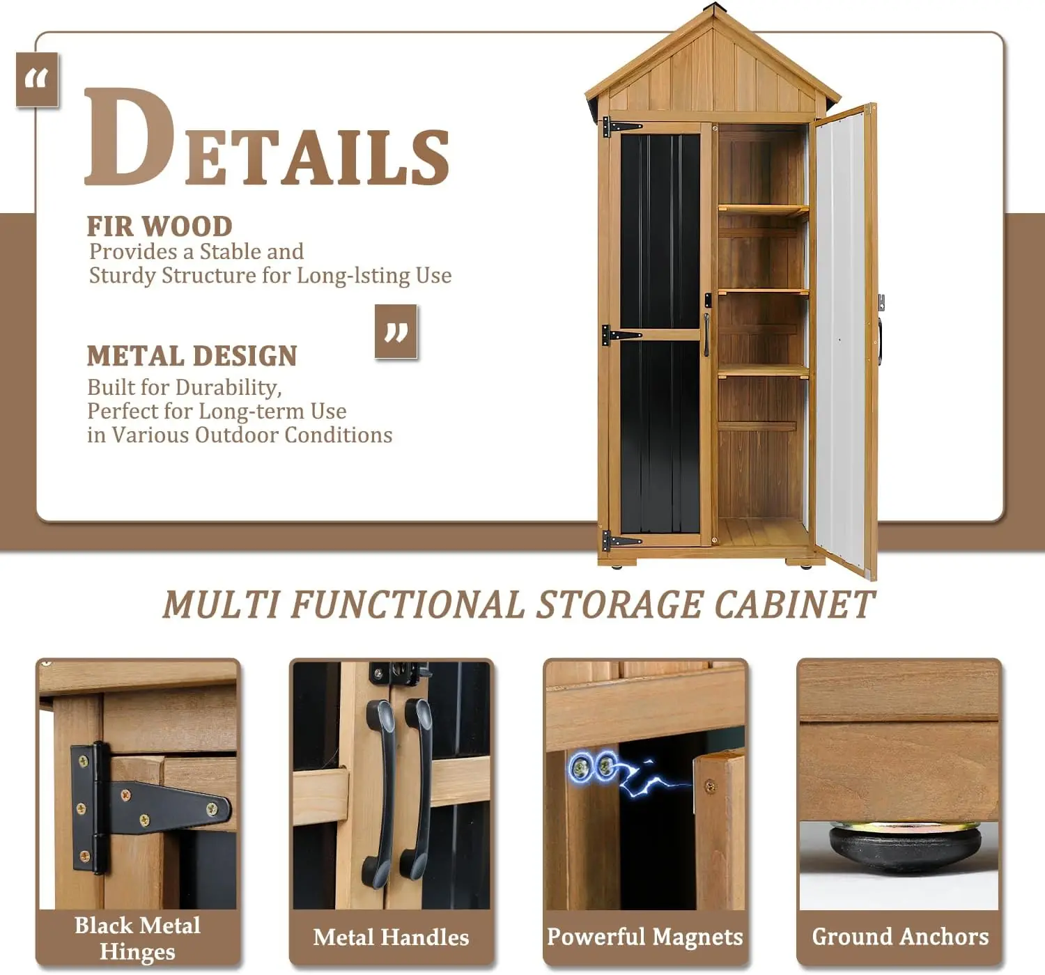 Storage Cabinet Waterproof, Outdoor Storage Shed with Shelves, Wood & Metal Patio Backyard Garden Storage Cabinet Tool Organizer